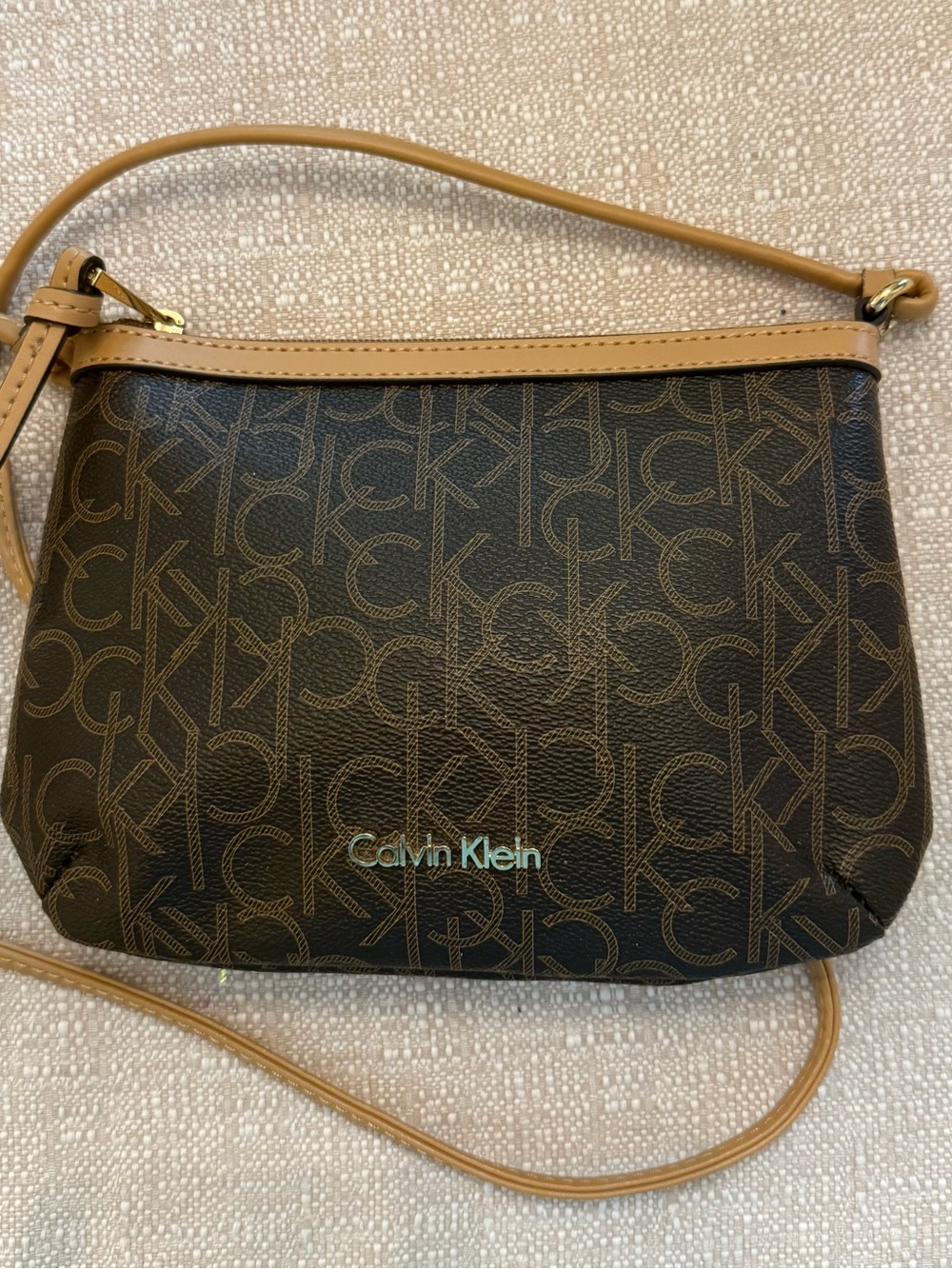 Calvin Klein Dark Brown Monogram Crossbody with Tan Trim